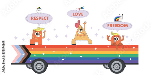  Pride parade concept design,pride celebration with love,respect,freedom,rainbow truck LGBTQAI+ community,gay celebration.