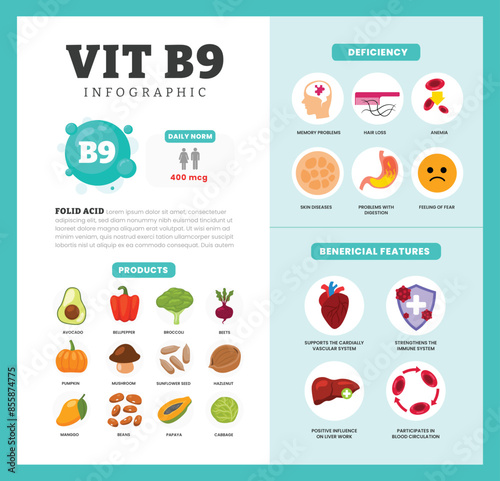 Set of vitamin B9 Infographic poster design labeled Benefit, deficiency and source dietetic organic nutrition products, Organic nutrition, food containing avocado, bell pepper, brocoli, beet, pumpkin.
