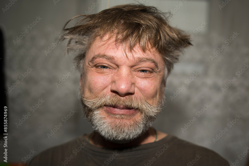 Fototapeta premium The mans messy hair frames his face as he makes a funny expression, showcasing his beard, moustache, and wrinkles. His chin, nose, and jawline add character to his playful smile