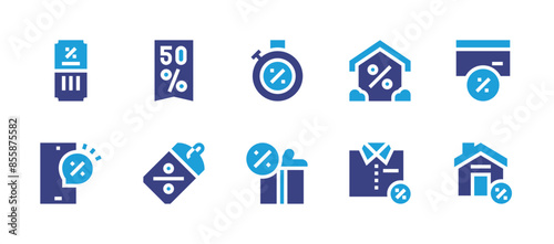 Discounts icon set. Duotone color. Vector illustration. Containing discount, pricetag, clothes, home, smartphone, coupon, gift, timer.