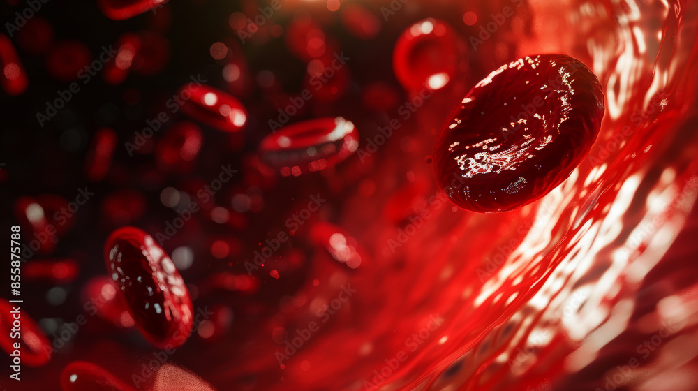 Fototapeta premium Red blood cells and platelets flowing through a vein, depicted in a 3D abstract background