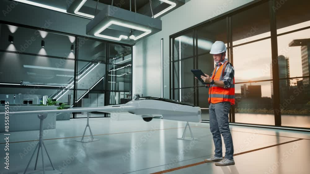 Full Body Side View Of Asian Male Engineer With Safety Helmet Working On A Tablet While Standing With Drone Project Full Body Side View Of Asian Male Engineer With Safety Helmet Working On A Tablet While Standing With Drone Project