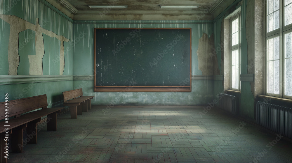 Fototapeta premium Photo of a long and narrow elementary school classroom with a very long distance to the blackboard, the classroom is empty