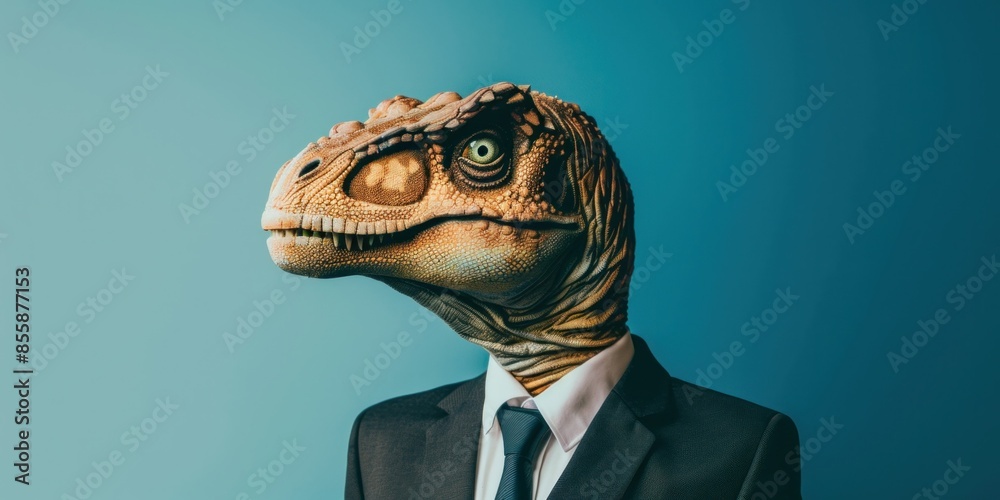Dinosaur in suit and tie on blue background stylish business travel concept with prehistoric twist Dinosaur in suit and tie on blue background stylish business travel concept with prehistoric twist