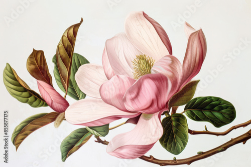 Pink magnolia flower is shown blooming on a branch with lush green leaves in a historical botanical illustration