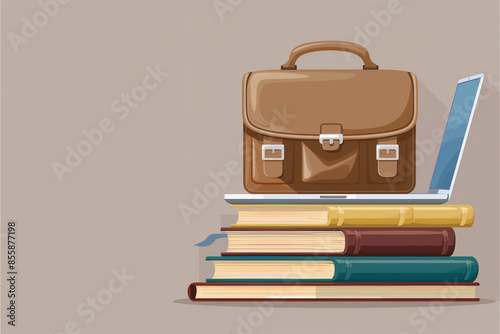 A detailed vector image of a briefcase, laptop, and a stack of business books, symbolizing the tools and resources used in business education, set against a simple background