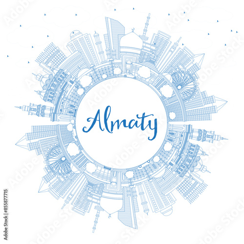 Outline Almaty Kazakhstan City Skyline with Blue Buildings and Copy Space. Almaty Cityscape with Landmarks. Business Travel and Tourism Concept with Modern Architecture.