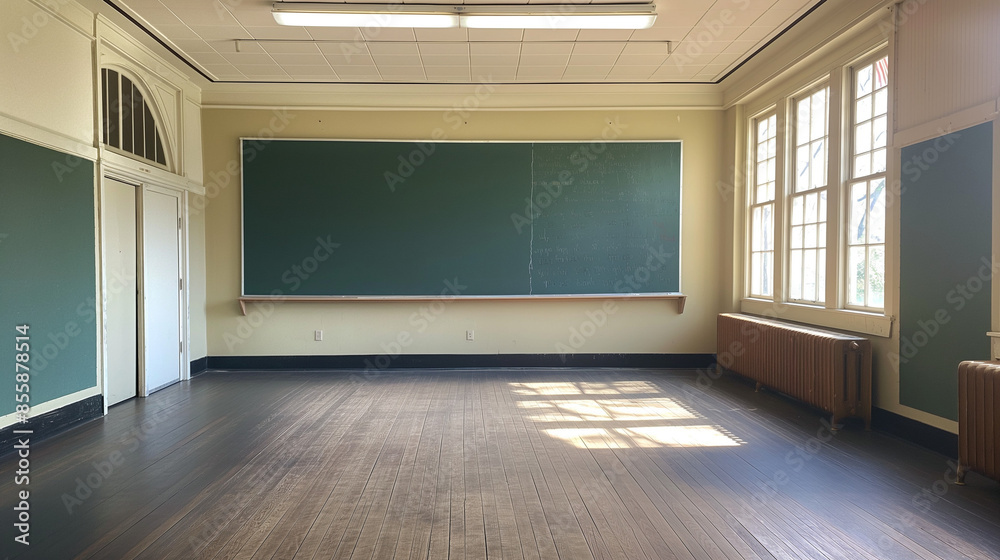 Photo of a long and narrow elementary school classroom with a very long distance to the blackboard, the classroom is empty