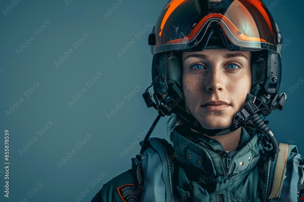 Confident female search and rescue pilot in full flight suit and helmet Confident female search and rescue pilot in full flight suit and helmet