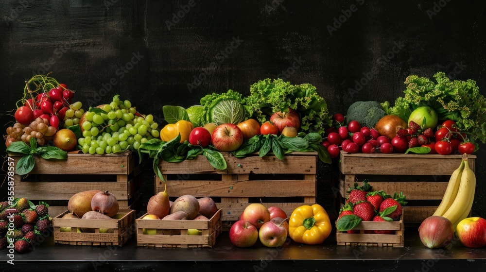 Fresh fruits and vegetables in wooden boxes placed on table on black background. wide angle lens Fresh fruits and vegetables in wooden boxes placed on table on black background. wide angle lens