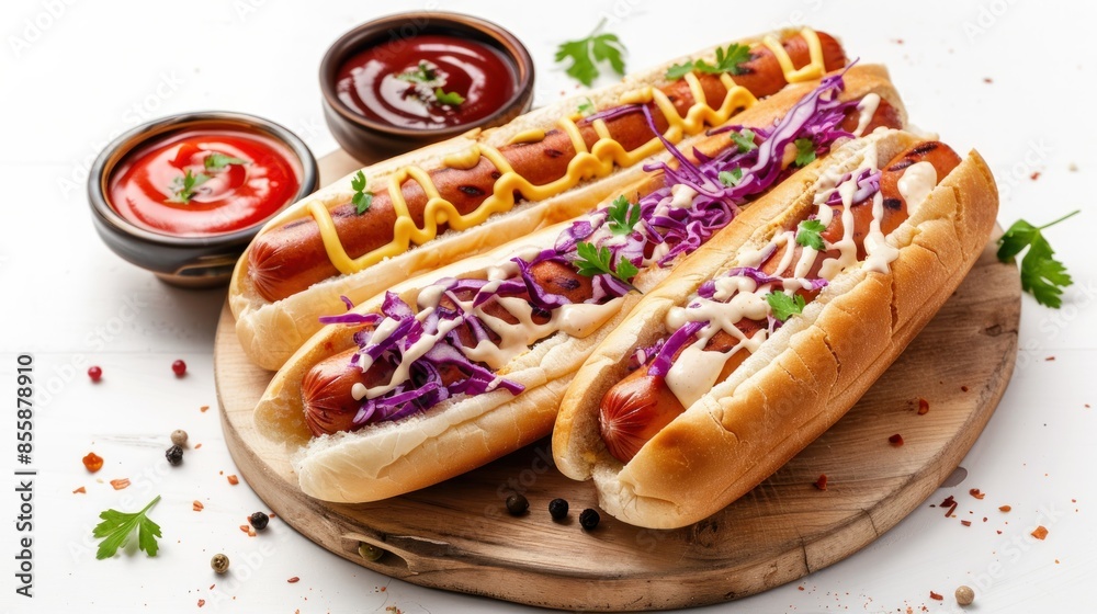 Fresh hot dog with sauces mayonnaise, ketchup and mustard and cabbage isolated on a white background wide angle lens