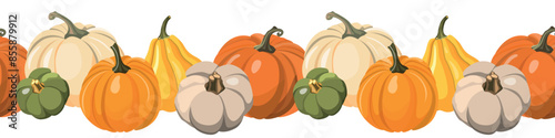 Colorful autumn pumpkins horizontal seamless background. Vector illustration. Isolated on white background. Seasonal fall banner design for greeting or promotion.