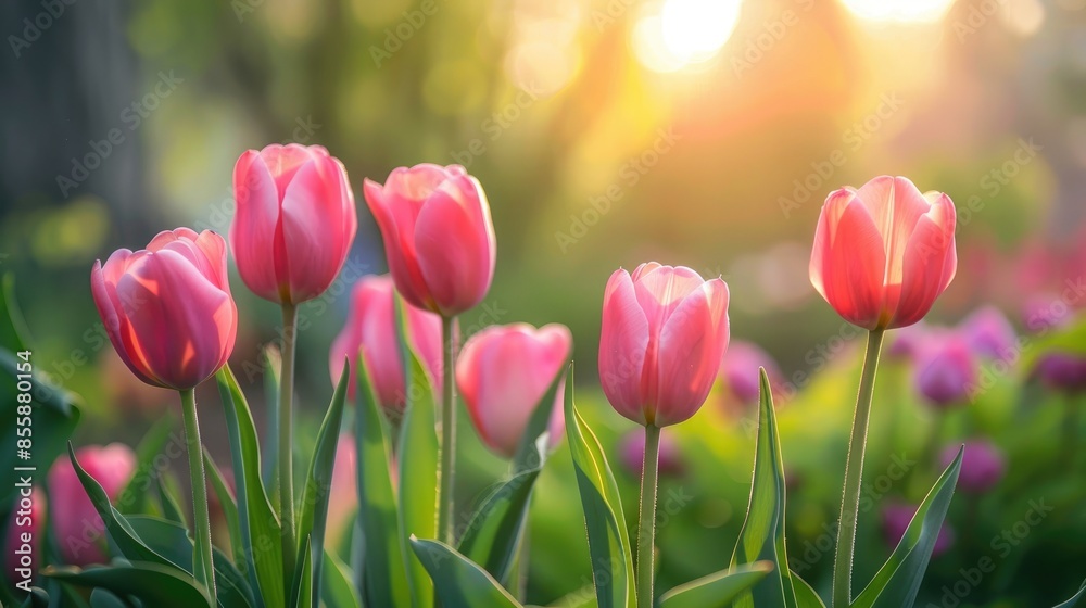 Beautiful pink tulips opening in a garden with space for text Beautiful pink tulips opening in a garden with space for text