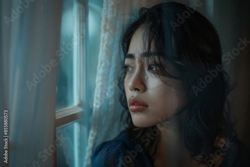 Close-Up of Tearful Woman Looking Out a Rain-Soaked Window at Dusk