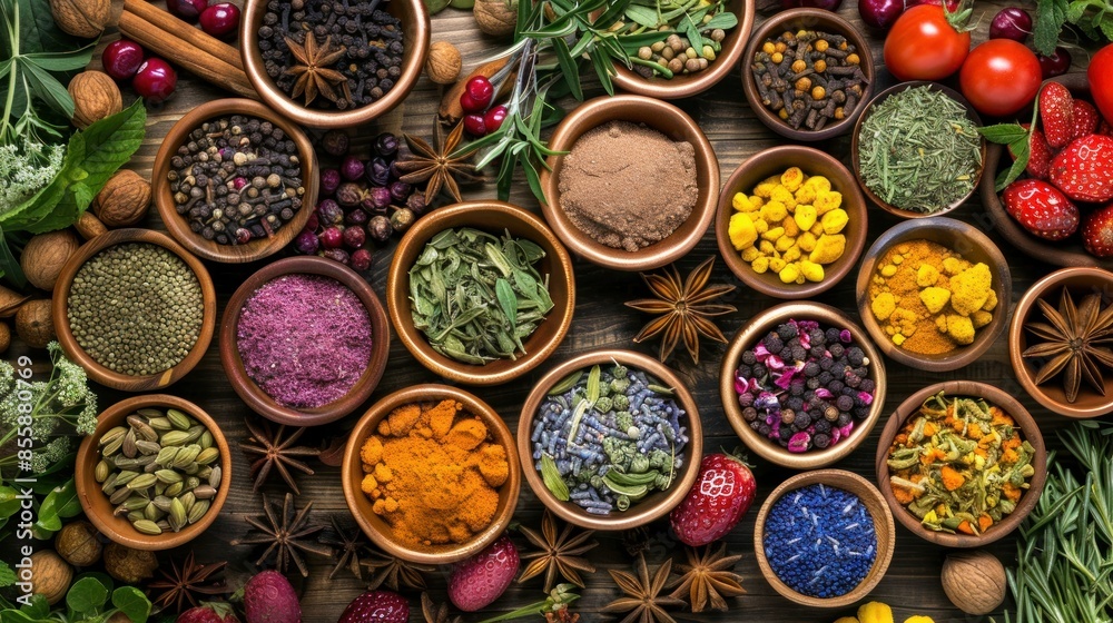 herbs spices and fruit used in herbal medicine wide angle lens herbs spices and fruit used in herbal medicine wide angle lens