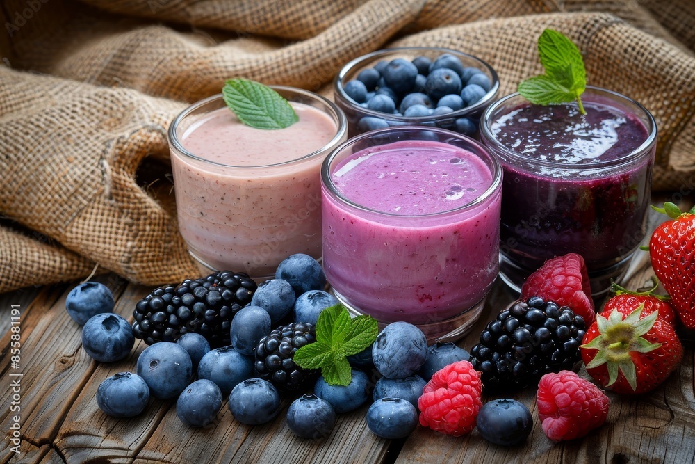 Forest berry yogurt smoothie in glass glasses on wooden table with sack full of blueberries, blackberries raspberries white isolated background Forest berry yogurt smoothie in glass glasses on wooden table with sack full of blueberries, blackberries raspberries white isolated background