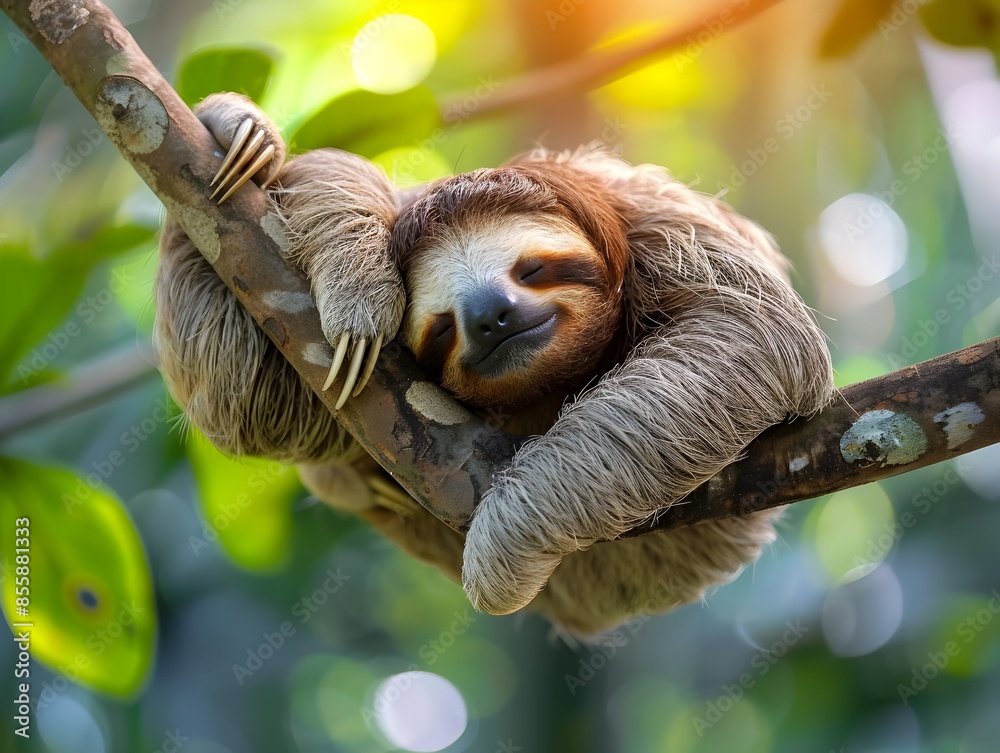 Sleepy Sloth Resting Peacefully on Tree Branch in Serene Nature Sleepy Sloth Resting Peacefully on Tree Branch in Serene Nature