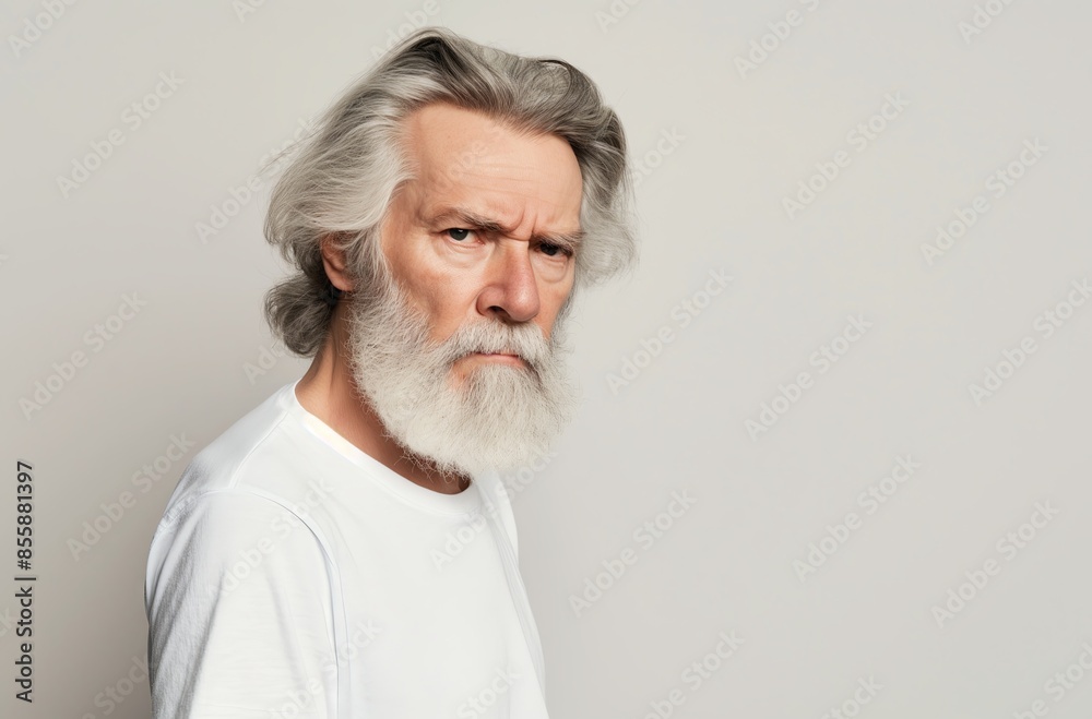 Side view photo of an angry old man with gray hair and beard wearing a white t-shirt looking at the camera on an isolated background Side view photo of an angry old man with gray hair and beard wearing a white t-shirt looking at the camera on an isolated background
