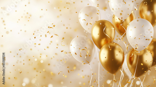 Obraz na płótnie Balloon birthday background confetti anniversary happy gold party ballon white. Birthday balloon background ribbon card design 3D golden isolated celebrate decoration w salonie
