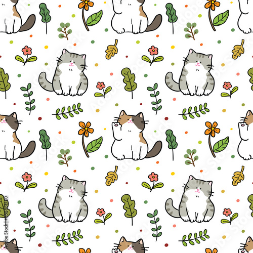 Seamless Pattern with Cartoon Cat, Flower and Leaf Design on White Background