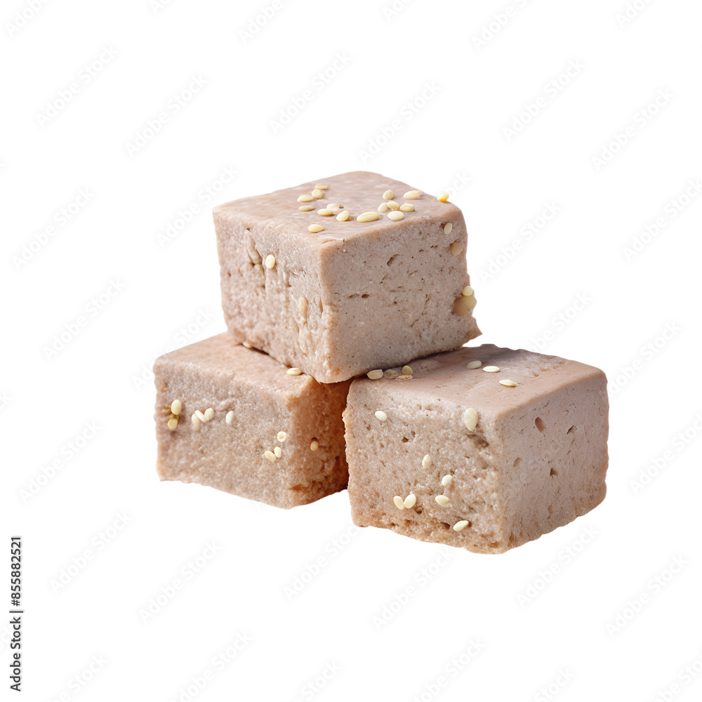 Stack of three brown sesame halva cubes isolated on white background, showing texture and sprinkled sesame seeds. Stack of three brown sesame halva cubes isolated on white background, showing texture and sprinkled sesame seeds.