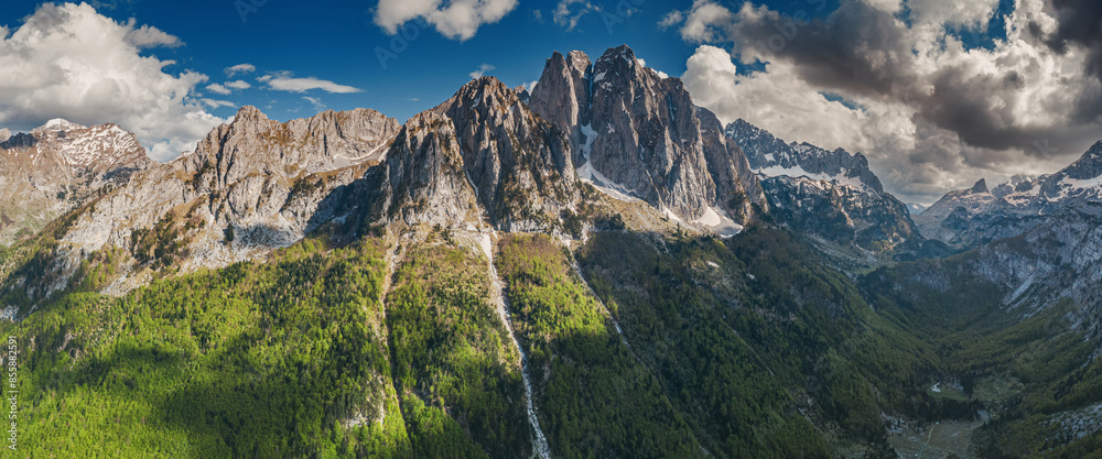 Prokletije mountains with towering cliffs and rocky peaks in Montenegro