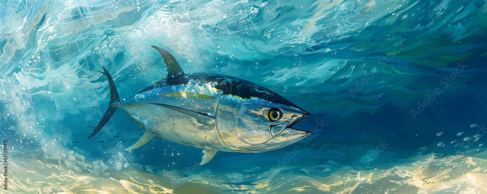 Fototapeta premium Blue fin tuna fish swimming in clear ocean water.
