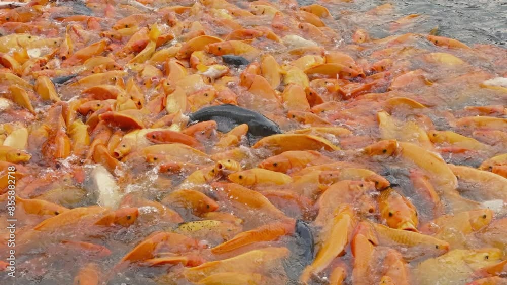 lots of yellow, white and black goldfish and tilapia gather to look for food in the pond lots of yellow, white and black goldfish and tilapia gather to look for food in the pond