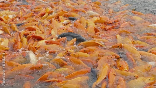lots of yellow, white and black goldfish and tilapia gather to look for food in the pond photo