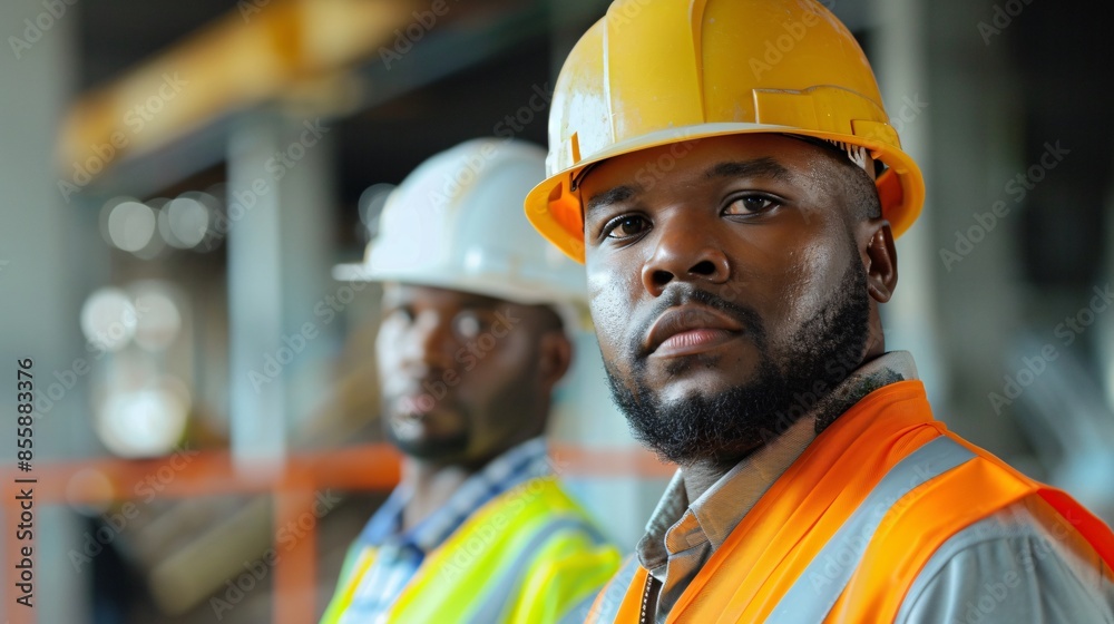 Close-up of a construction worker wearing a helmet. Close-up of a construction worker wearing a helmet.