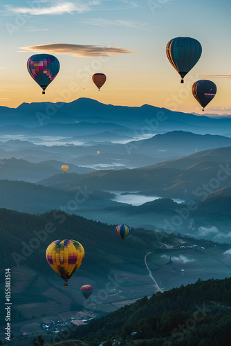 Colorful hot air balloons flying over mountain
 photo