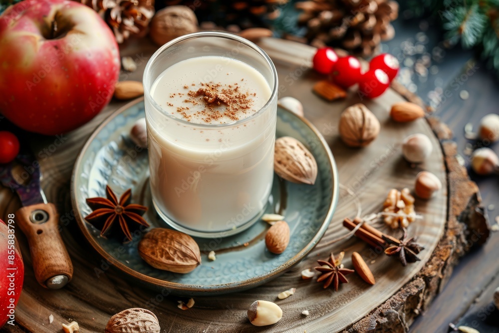 Glass full of vegetable milk of nuts with fruits around on plate and wooden table with nutcracker. Elevated view. Glass full of vegetable milk of nuts with fruits around on plate and wooden table with nutcracker. Elevated view.