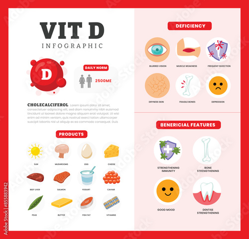 Set of vitamin D Infographic poster design labeled Benefit, deficiency and source dietetic organic nutrition products, Organic nutrition, food containing egg, beef liver, cheese, caviar, fish fat