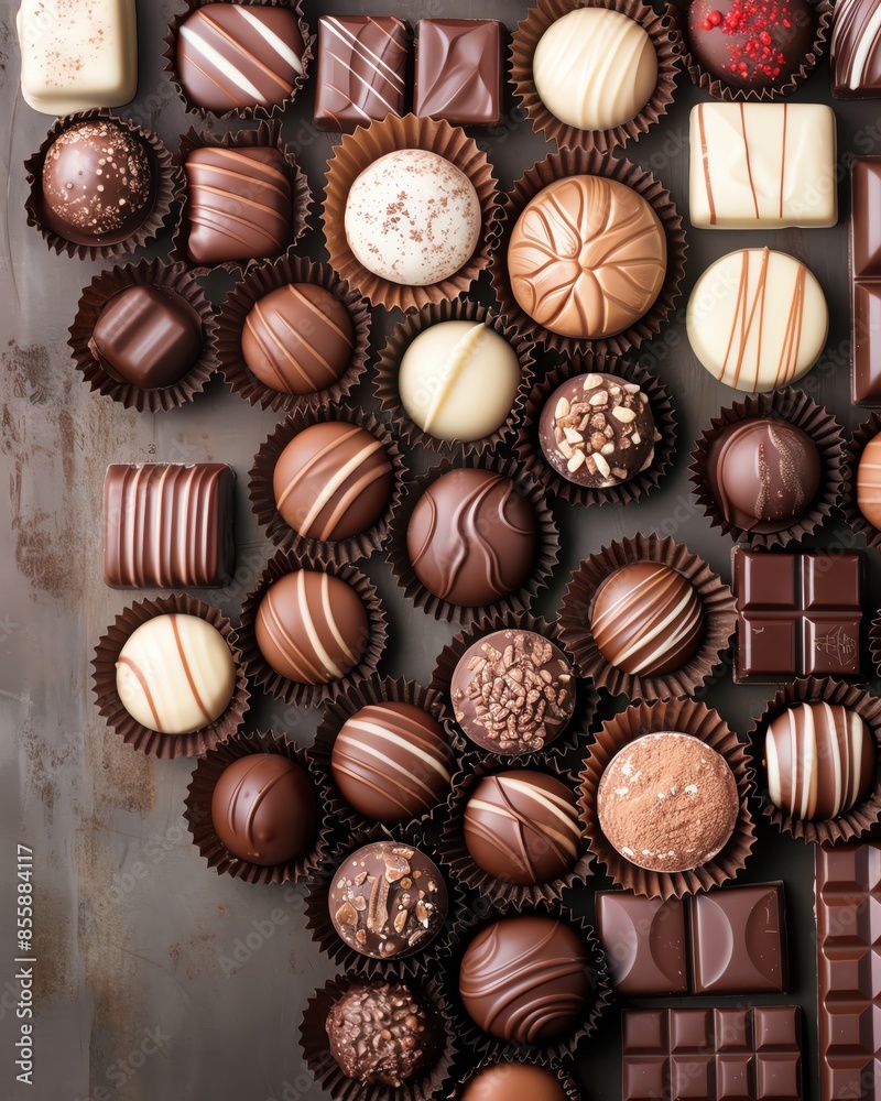 Assorted artisanal chocolate truffles and squares arranged on a grey surface, showcasing a variety of designs and flavors. Assorted artisanal chocolate truffles and squares arranged on a grey surface, showcasing a variety of designs and flavors.