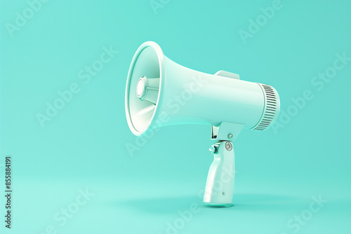 A professional-grade megaphone with a sleek, white finish and ergonomic handle, standing upright on a light blue background.