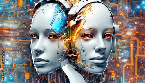 Künstliche Intelligenz mit 2 weiblichen Gesichtern. Die Zukunft bringt autonom agierende humanoide Cyborg - Roboter auf den Markt.