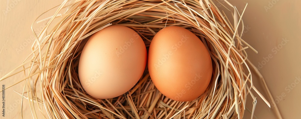 Close-up of two brown eggs nestled in a nest of straw. Perfect for concepts of nature, farming, or egg-related themes. Close-up of two brown eggs nestled in a nest of straw. Perfect for concepts of nature, farming, or egg-related themes.