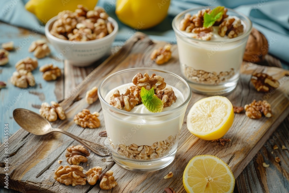 Glasses with yogurt with walnuts and bowl with walnuts and lemons on wooden kitchen bench. Elevated view. Glasses with yogurt with walnuts and bowl with walnuts and lemons on wooden kitchen bench. Elevated view.