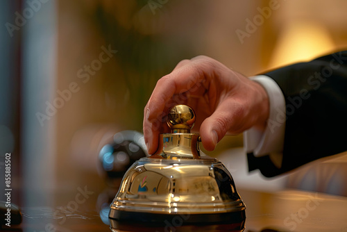 Hotel Concierge: bell on the reception front desk with waiter
 photo