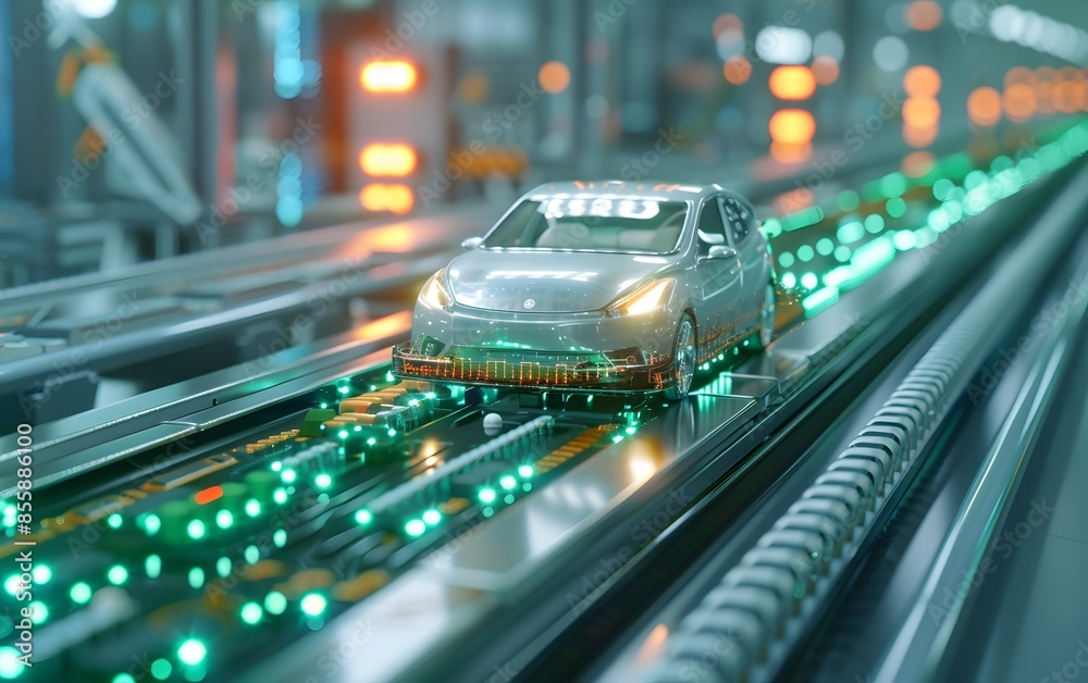 Close-up of a self-driving transport vehicle carrying semiconductor components Close-up of a self-driving transport vehicle carrying semiconductor components