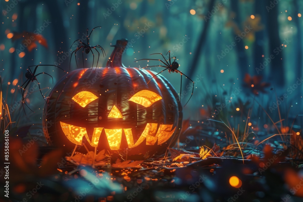Greeting card for halloween with carved and illuminated pumpkin with spiders in the forest at night. Front view. Horizontal composition. Greeting card for halloween with carved and illuminated pumpkin with spiders in the forest at night. Front view. Horizontal composition.