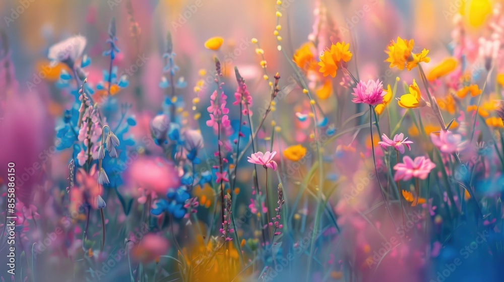 Colorful wildflowers in a meadow during the beginning of spring Blurred background for emphasis Colorful wildflowers in a meadow during the beginning of spring Blurred background for emphasis