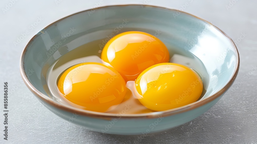 Three raw egg yolks in a ceramic bowl on a gray surface, ready for cooking or baking, with vibrant yellow color. Three raw egg yolks in a ceramic bowl on a gray surface, ready for cooking or baking, with vibrant yellow color.