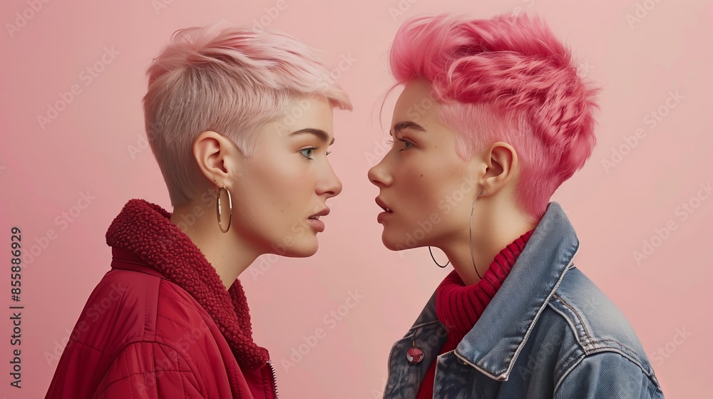 Two Women With Pink Hair Facing Each Other Two Women With Pink Hair Facing Each Other