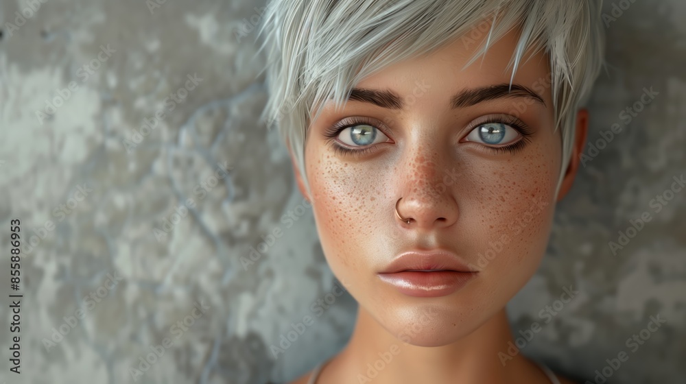 Woman With Short Blonde Hair And Blue Eyes Woman With Short Blonde Hair And Blue Eyes