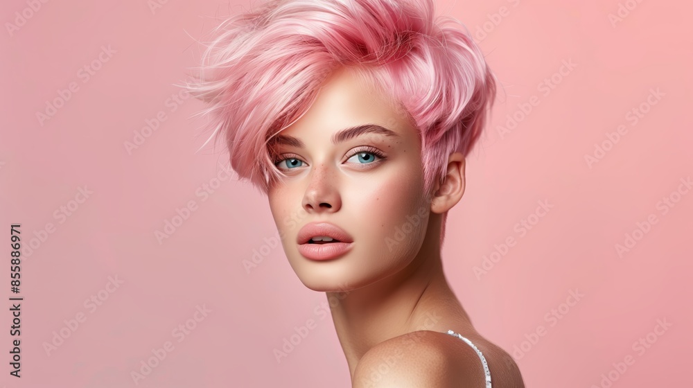Woman With Pink Hair Against Pink Background Woman With Pink Hair Against Pink Background