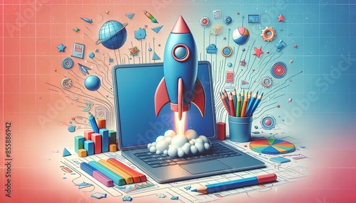 A laptop with a rocket launching from its screen is surrounded by various icons representing business, creativity, and technology, suggesting a successful launch or breakthrough, Business growth,  photo