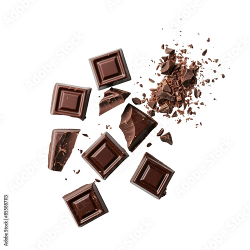 chocolate pieces scattered on white background, crushed chocolate pieces floating on air 
