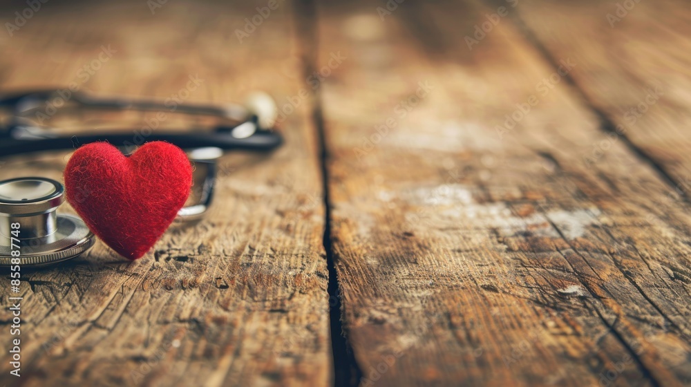 Stethoscope and red heart on wooden table. Cardiology concept wide angle lens Stethoscope and red heart on wooden table. Cardiology concept wide angle lens