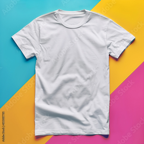 White realistic T shirt mockup design on colorful modern background